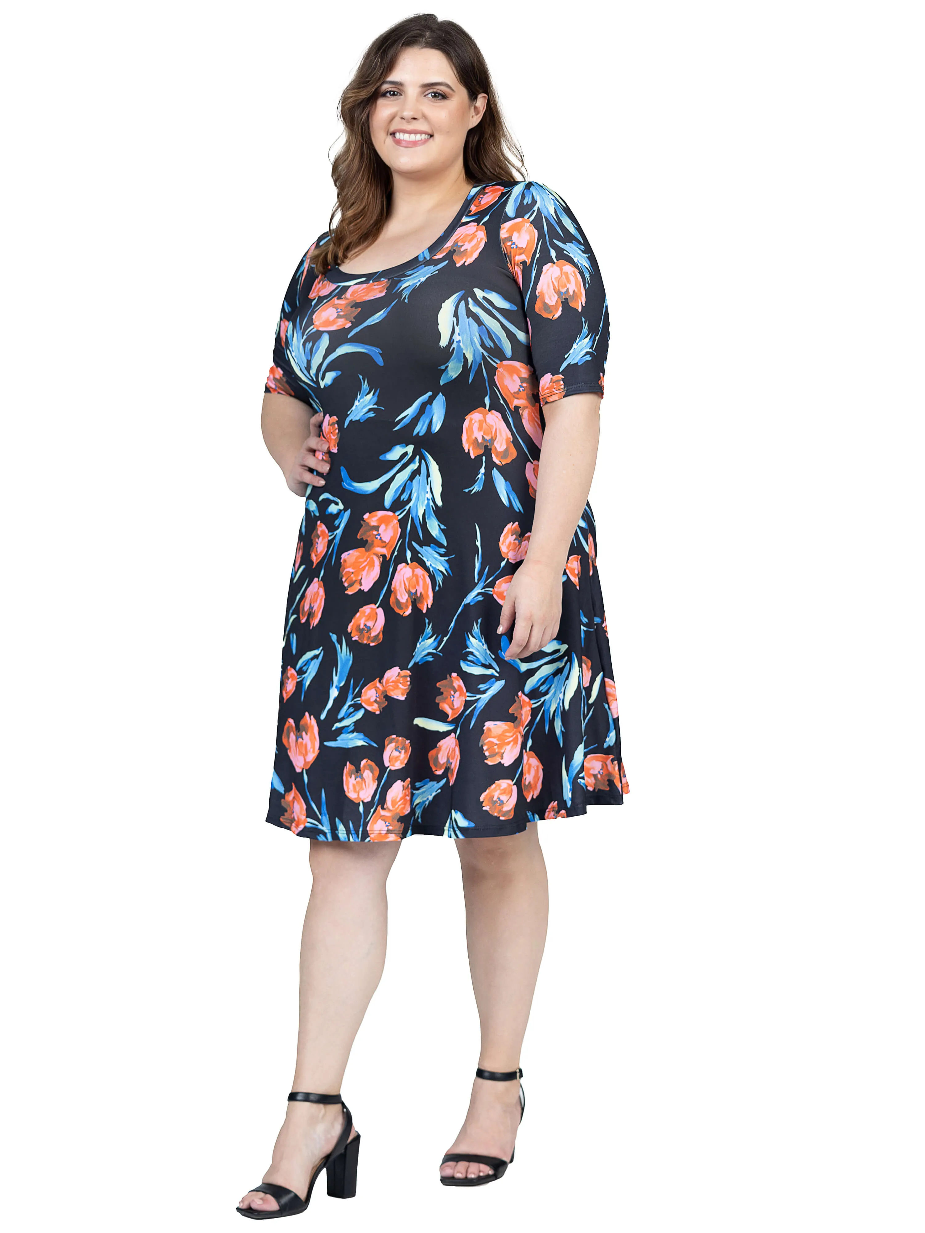 Plus Size Black Floral Print Elbow Sleeve Knee Length Dress