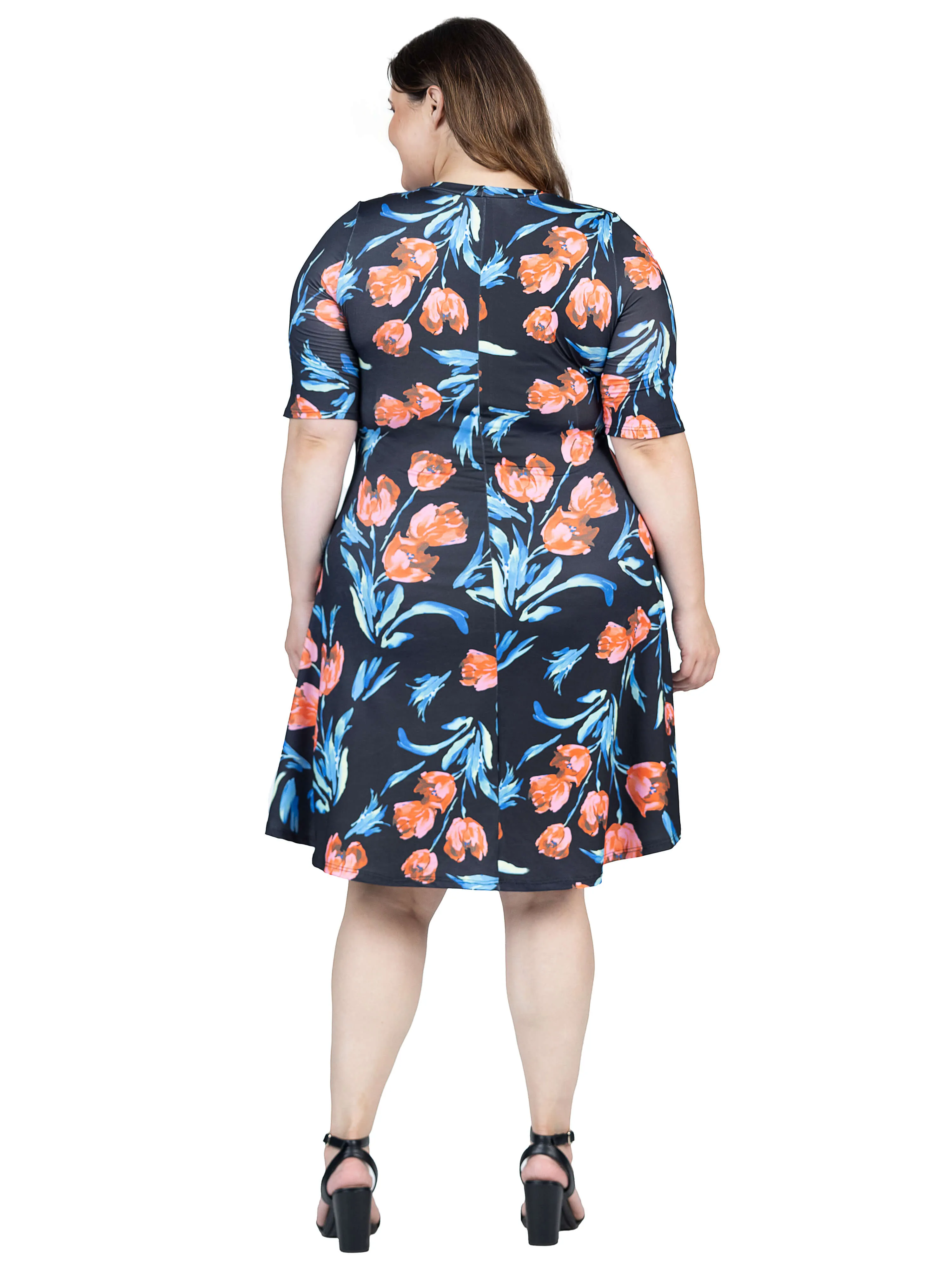 Plus Size Black Floral Print Elbow Sleeve Knee Length Dress