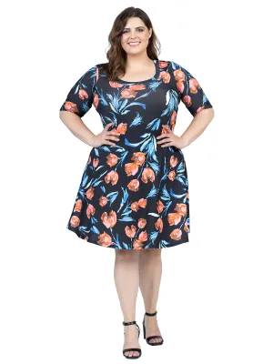 Plus Size Black Floral Print Elbow Sleeve Knee Length Dress