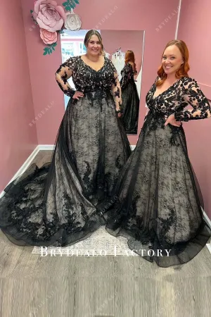 Plus Size Black Lace Long Sleeves Gothic Wedding Dress