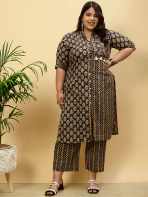 Plus Size Charcoal Grey Ethnic Printed Straight Kurta With Pants