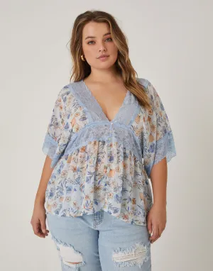 Plus Size Chiffon Floral Lace Blouse