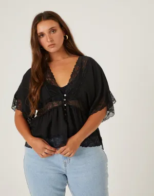 Plus Size Chiffon Lace Trim Blouse