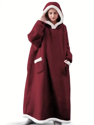 Plus Size Cozy Winter Wearable Fleece Blanket Robe - Soft Flannel Long Sleeve Hooded Design with Pockets for Relaxation - Perfect for Cold Weather Lounging and Outdoor Activities