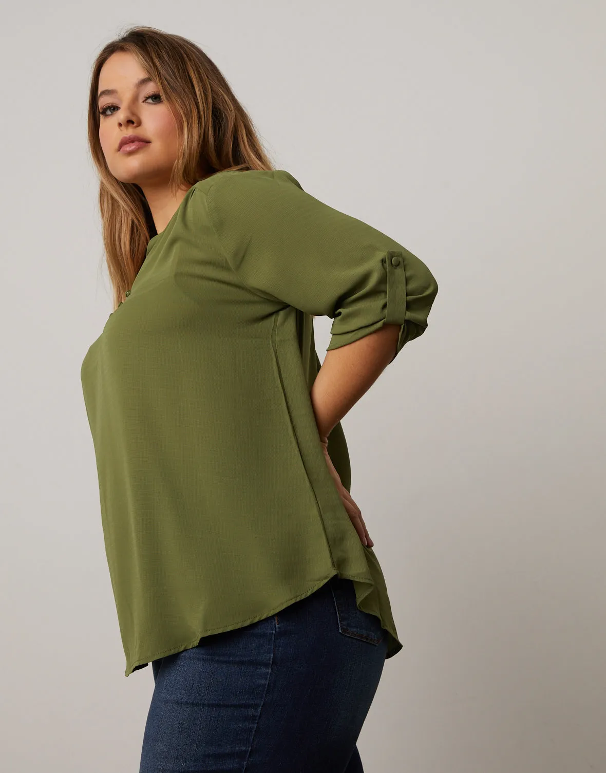 Plus Size Cuffed Sleeve Chiffon Blouse