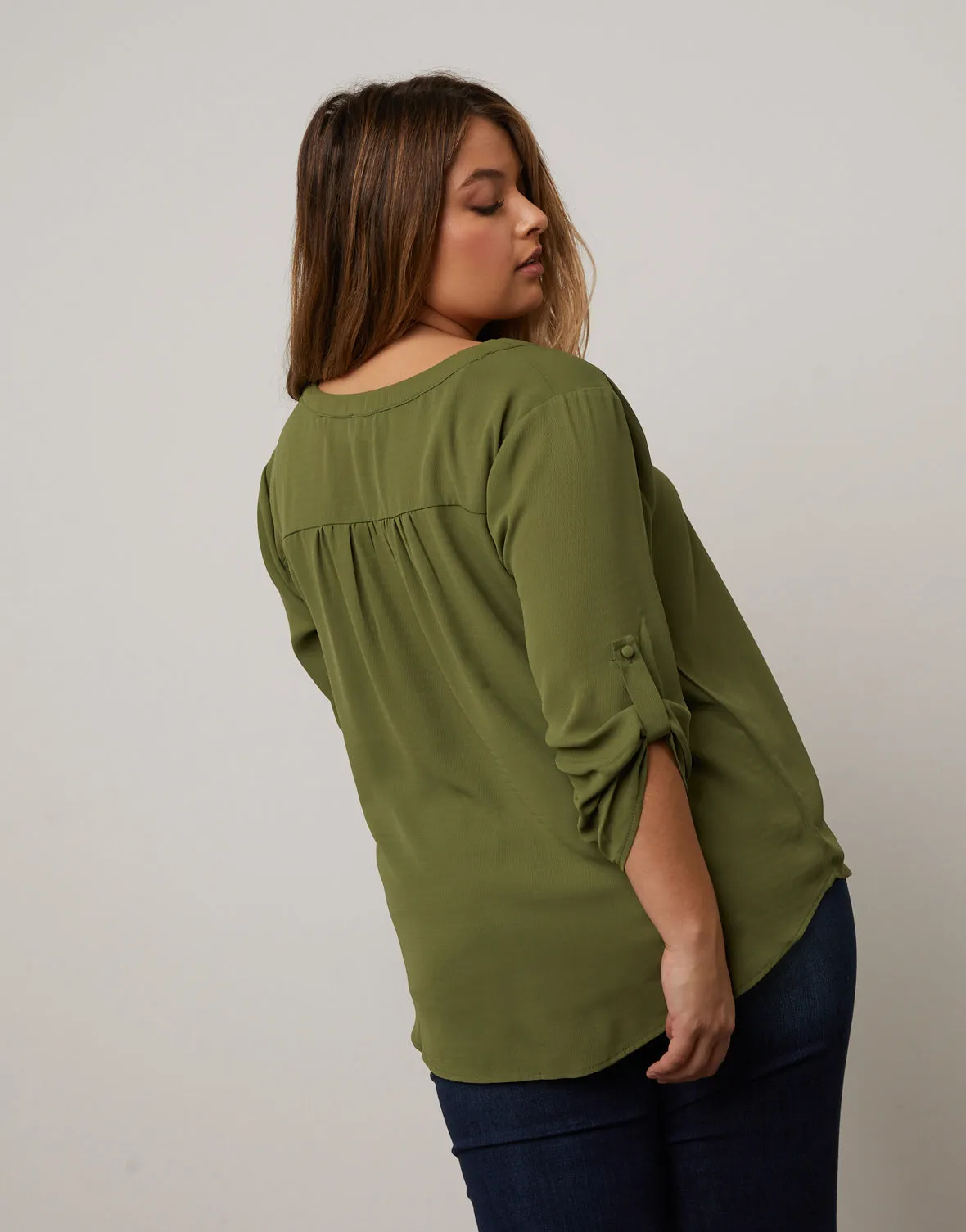 Plus Size Cuffed Sleeve Chiffon Blouse