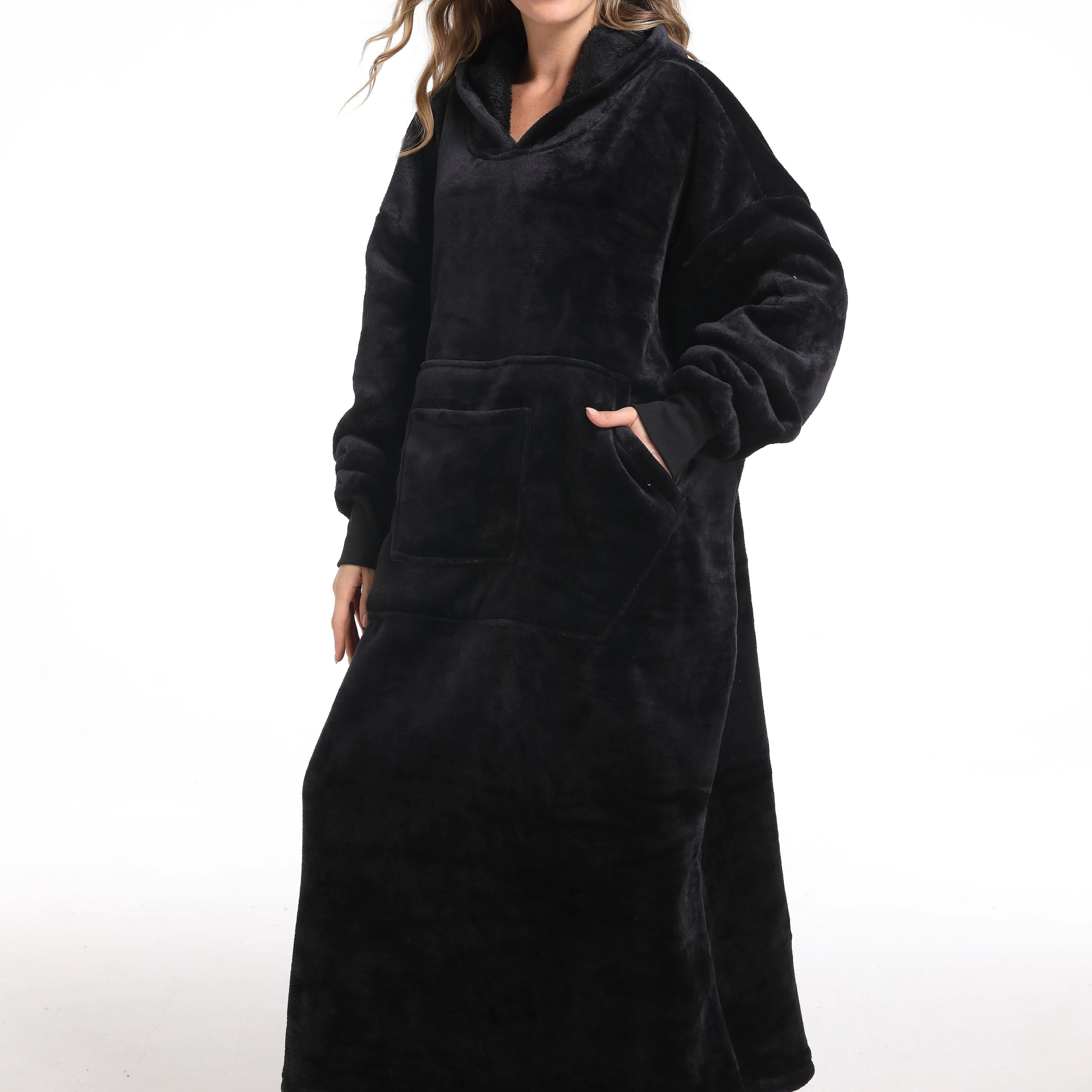 Plus Size Flannel Wearable Blanket Hoodie Fluffy Lounge Robe, Women's Plus Warm Fleece Cozy Casual Nightgown With Durable Pockets