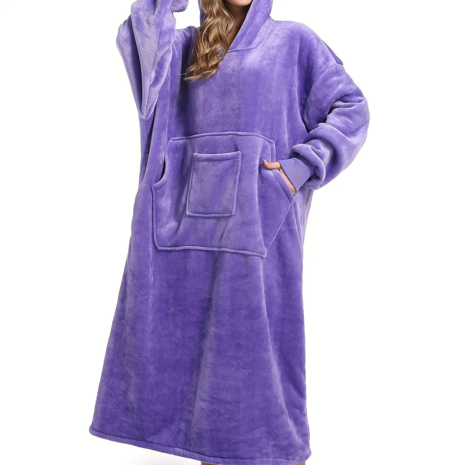 Plus Size Flannel Wearable Blanket Hoodie Fluffy Lounge Robe, Women's Plus Warm Fleece Cozy Casual Nightgown With Durable Pockets