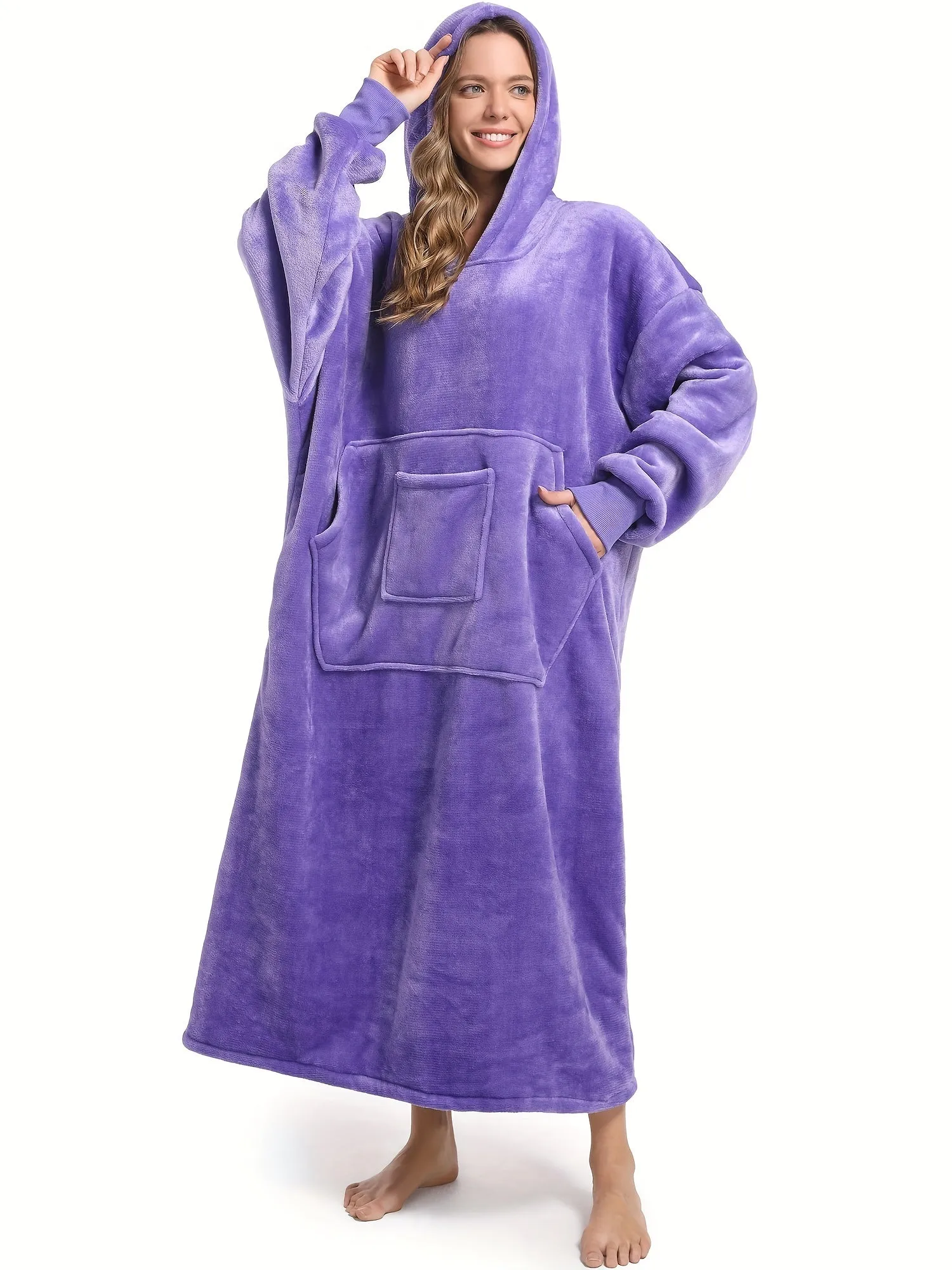 Plus Size Flannel Wearable Blanket Hoodie Fluffy Lounge Robe, Women's Plus Warm Fleece Cozy Casual Nightgown With Durable Pockets