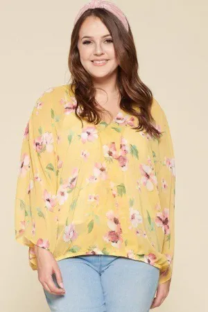 Plus Size Floral Chiffon Sheer Surplice Top