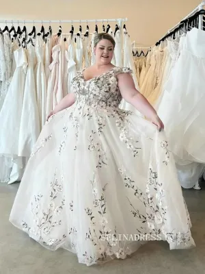 Plus Size Floral Embroidery A Line Wedding Dresses Off The Shoulder Bridal Gowns XSP002