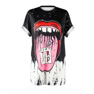 Plus Size Length 3d Printed Mouth Design Long Loose Punk Tees