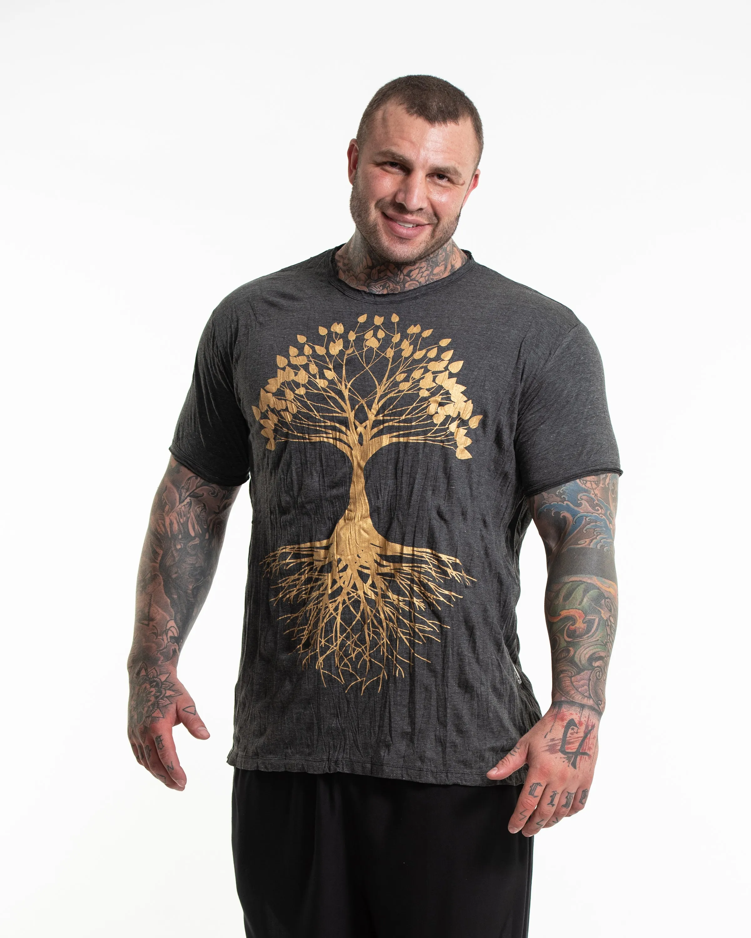 Plus Size Mens Tree of Life T-Shirt in Gold on Black