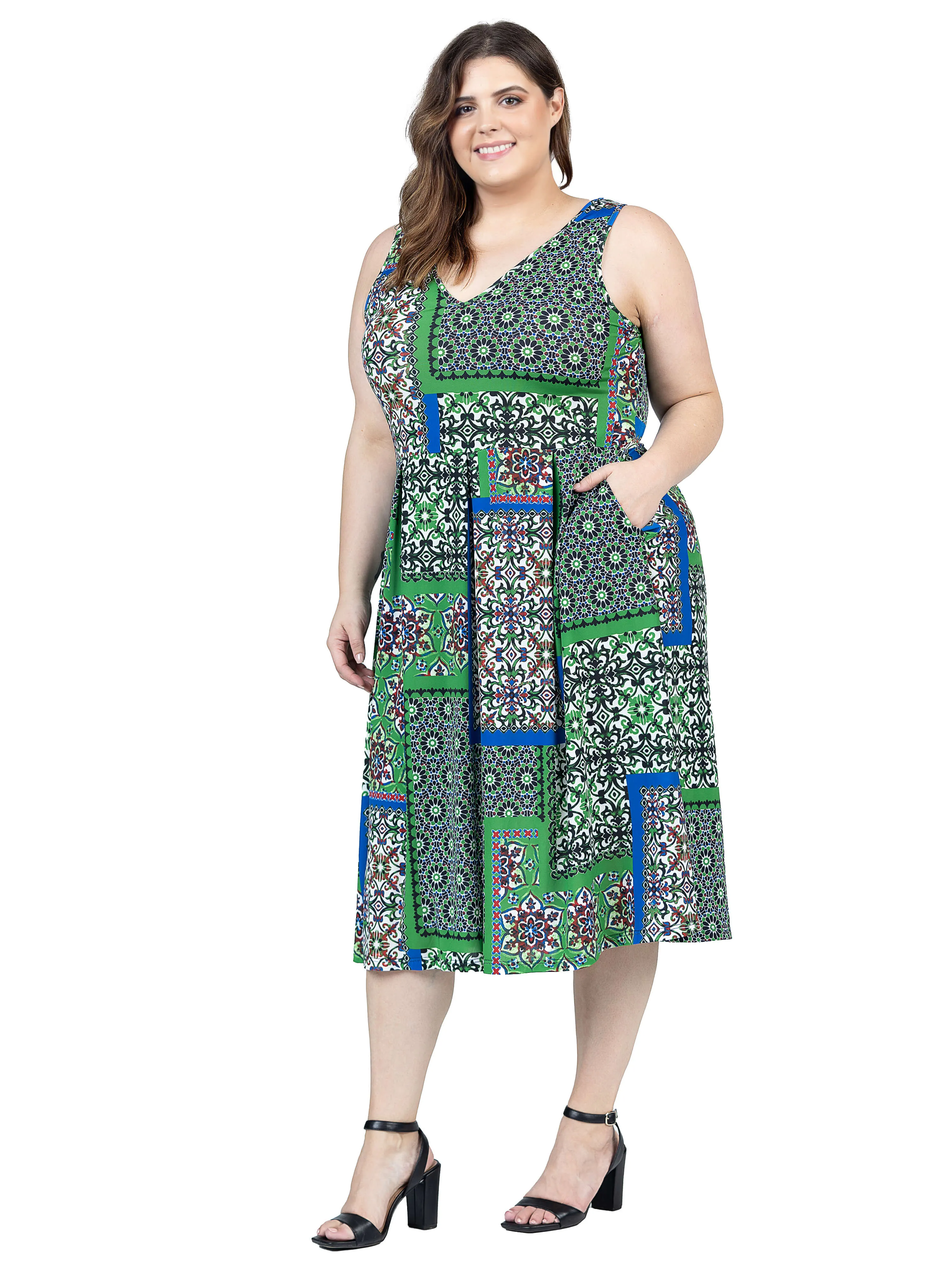 Plus Size Midi Length Green Scarf Print Sleeveless Pleated Pocket Dress