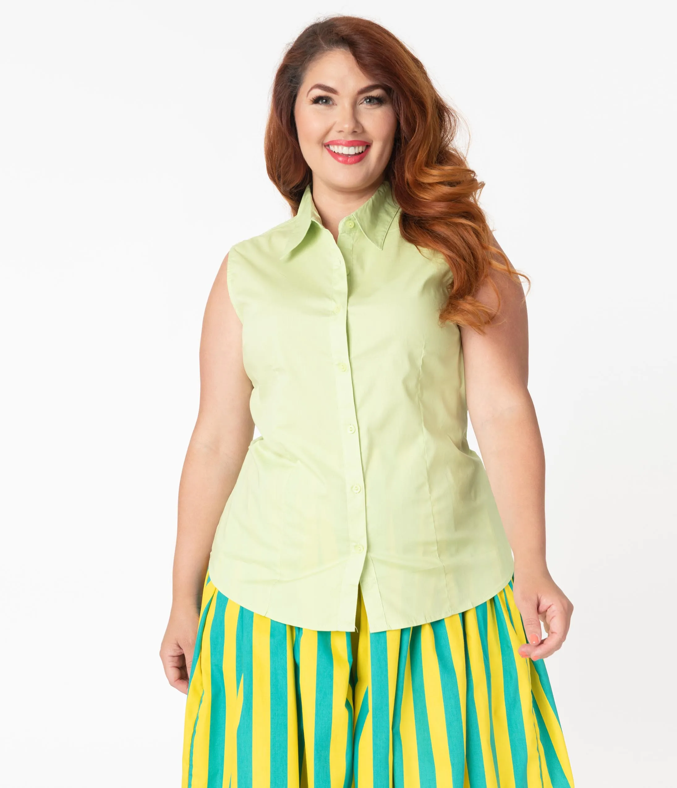 Plus Size Mint Green Sleeveless Collared Cotton Button Up Blouse