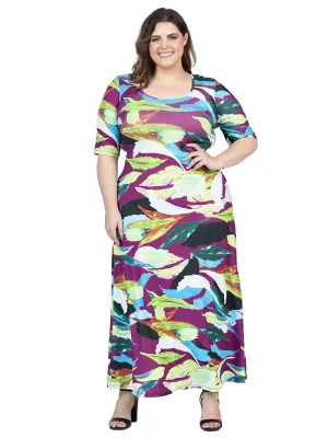 Plus Size Multicolor Floral Print Elbow Sleeve Casual A Line Maxi Dress