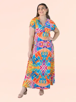 Plus Size Multicolor Print V Neck Cap Sleeve Flowy Empire Waist Maxi Dress