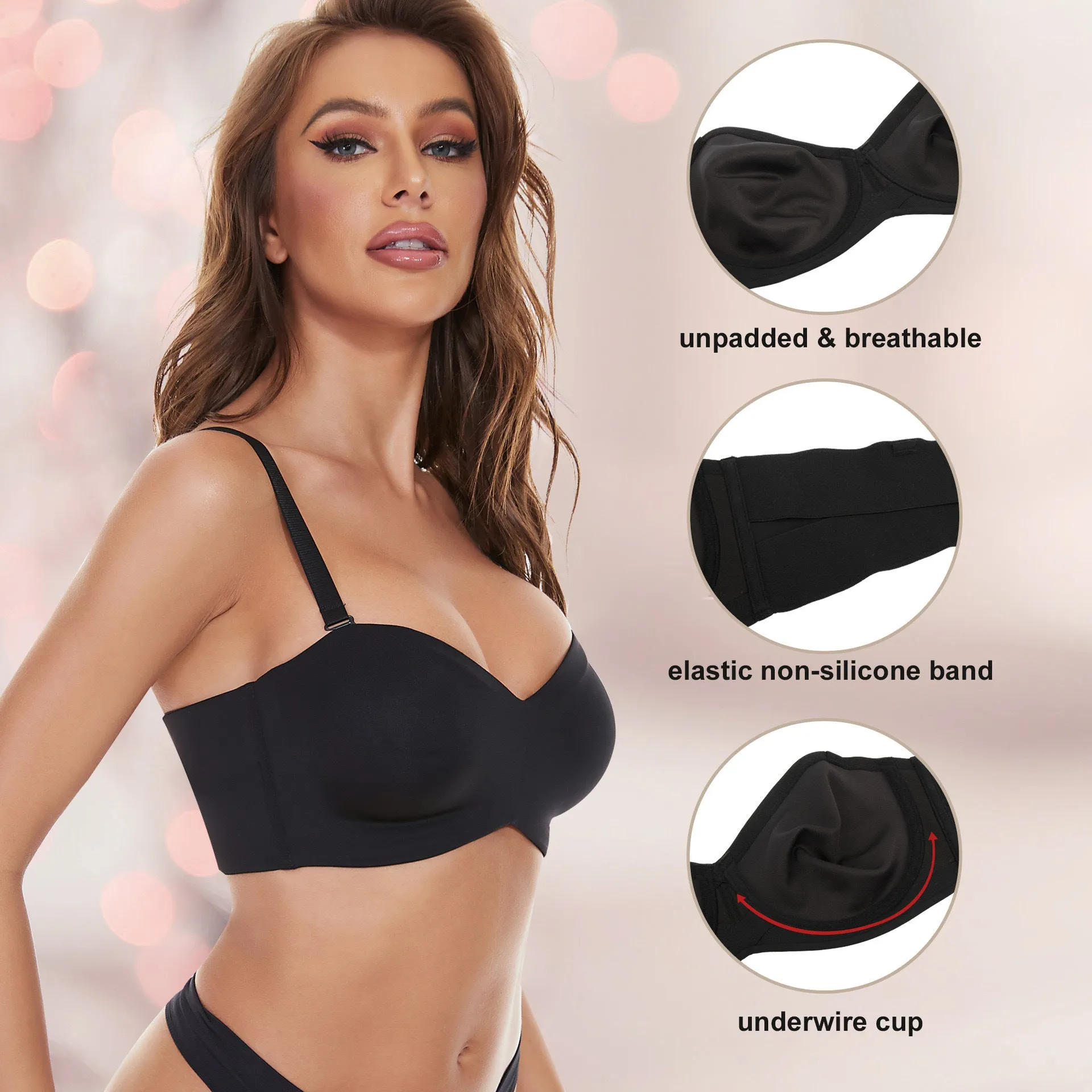 Plus Size Non-Slip Strapless Invisible Wirefree Bra Black