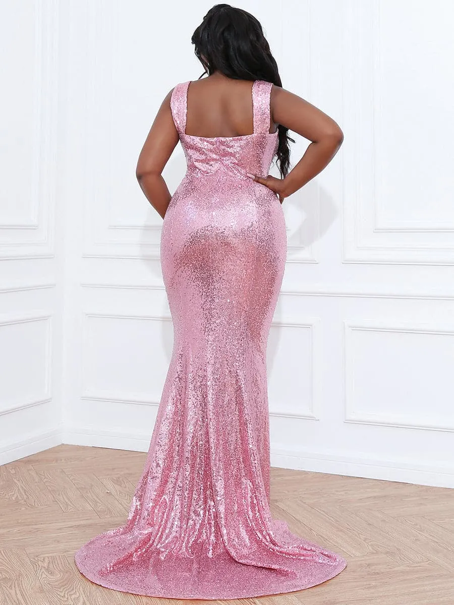 Plus Size Off The Shoulder Maxi Sequin Mermaid Pink Prom Dress P0350