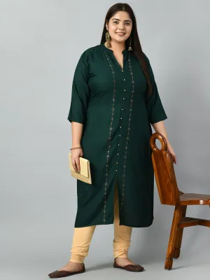 Plus Size Plus Size Bottle Green Embellished Kurta