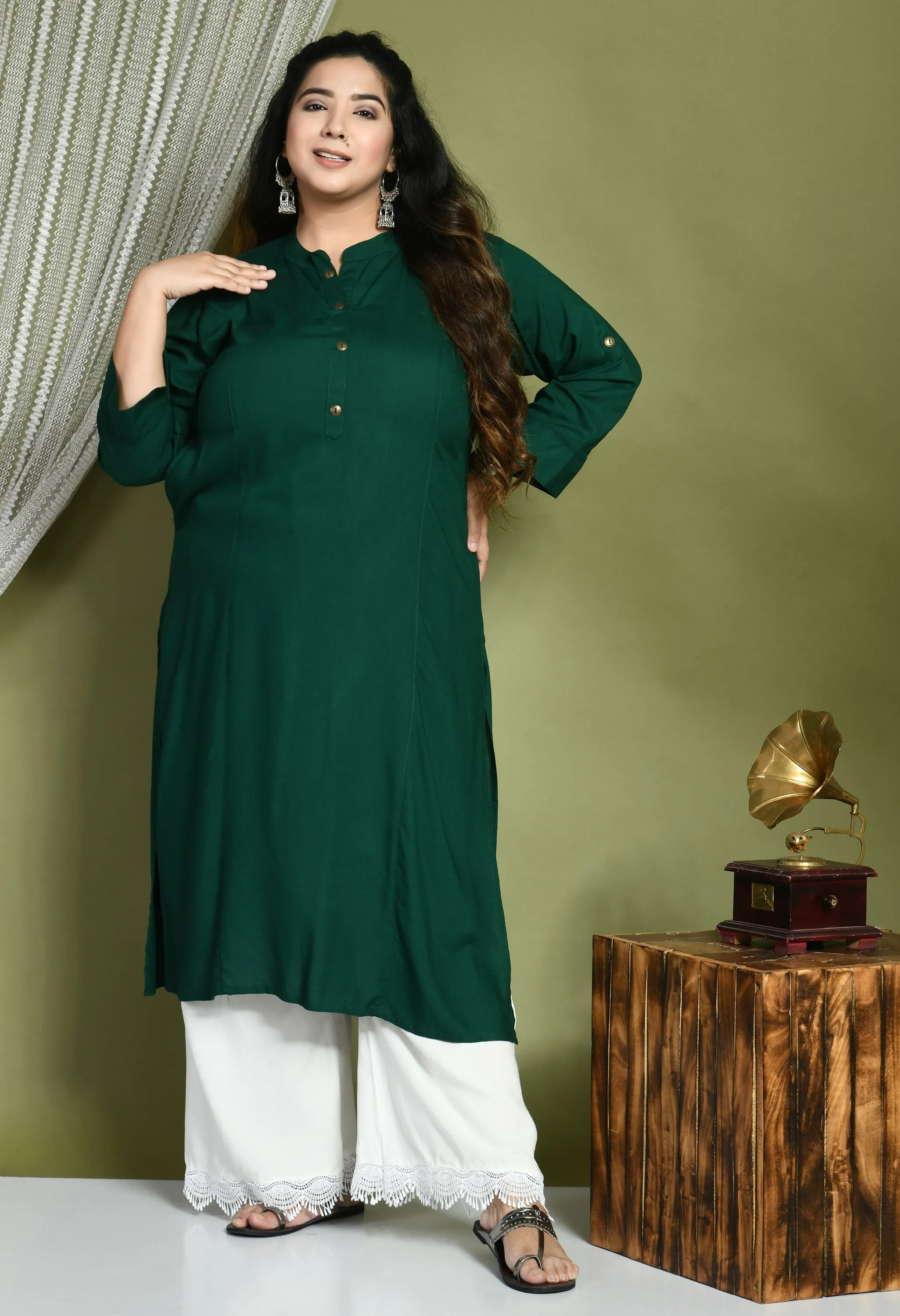 Plus Size Plus Size Solid Green Kurta