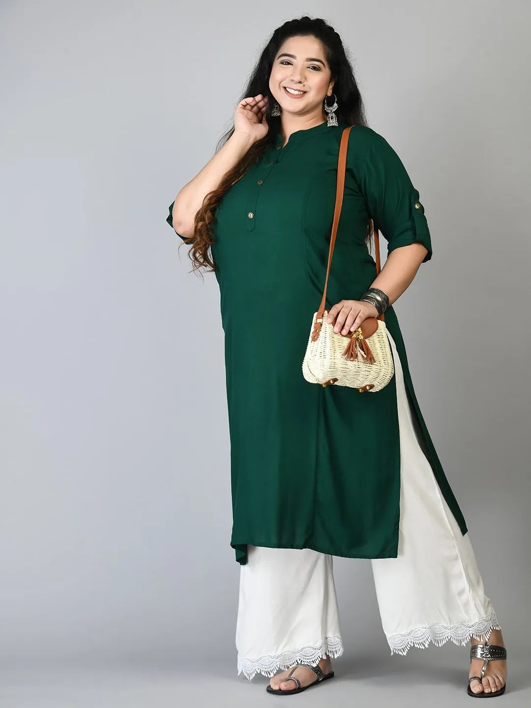 Plus Size Plus Size Solid Green Kurta