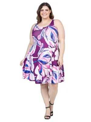 Plus Size Purple Floral Sleeveless Knee Length Tank Swing Dress