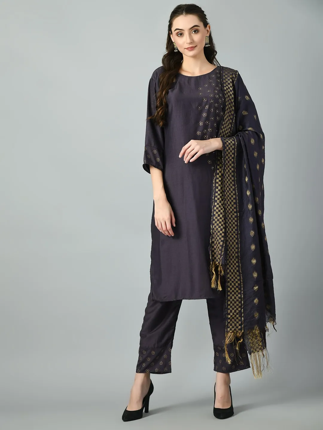 Plus Size Purple Grey Beads & Stones Kurta Set with Dupatta