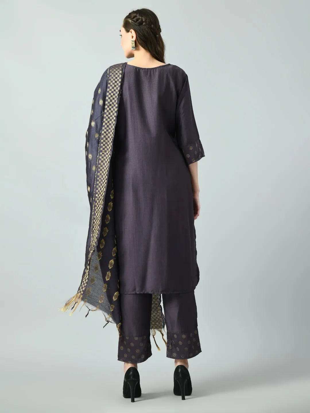 Plus Size Purple Grey Beads & Stones Kurta Set with Dupatta