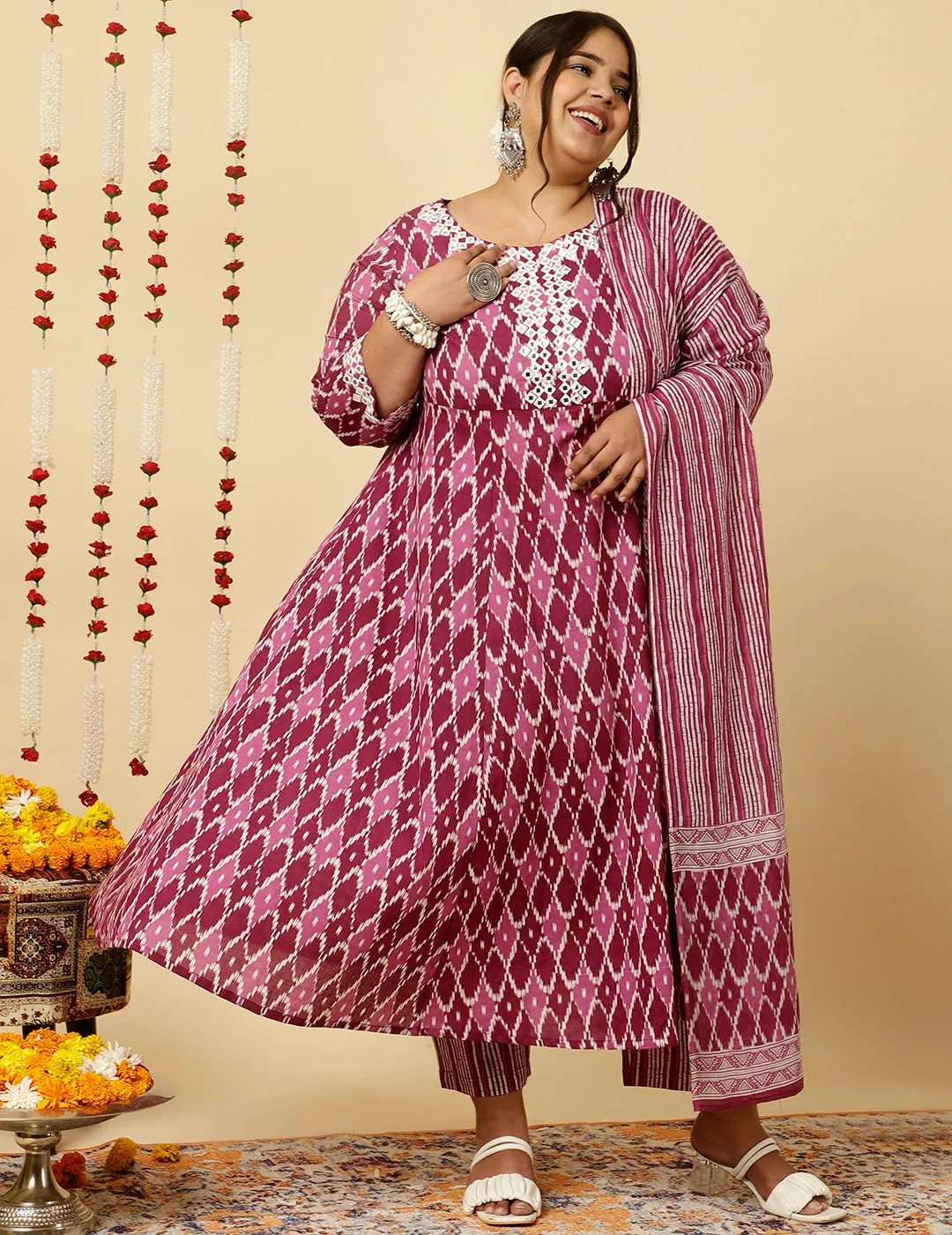 Plus Size Purple Mirror Embellished Ikat Printed Anarkali Kurta With Pants And Dupatta