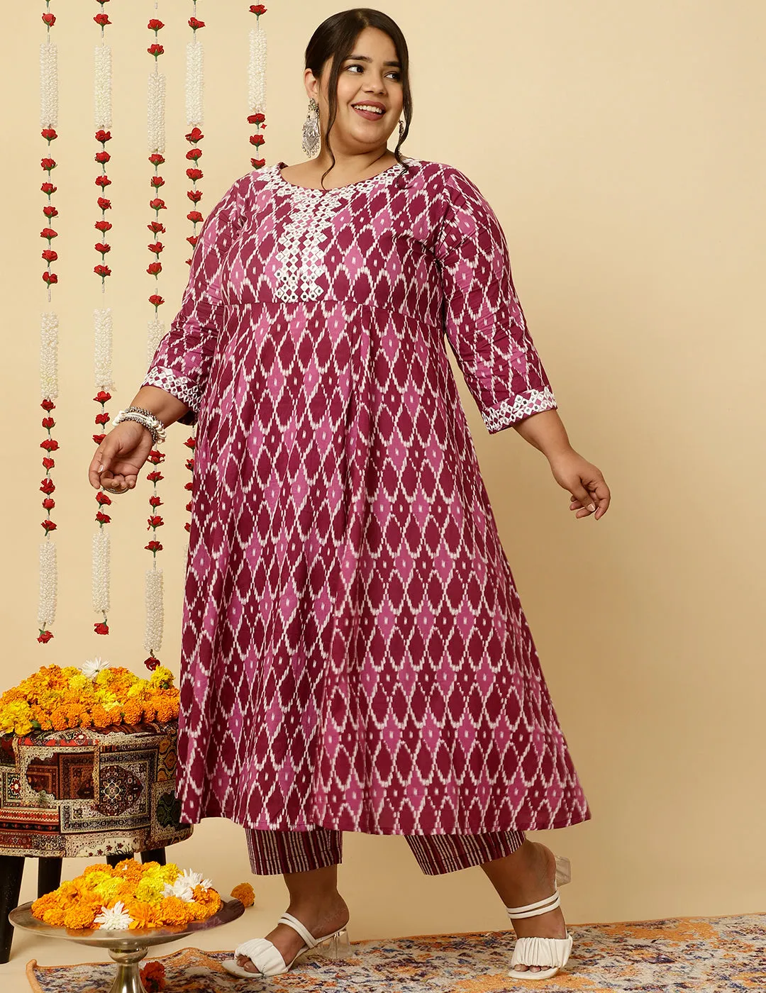 Plus Size Purple Mirror Embellished Ikat Printed Anarkali Kurta With Pants And Dupatta