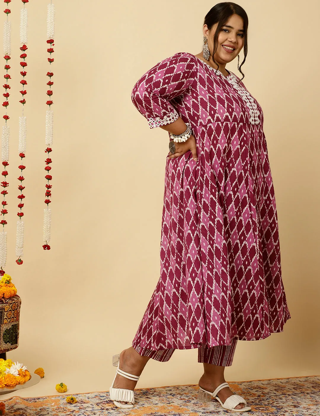 Plus Size Purple Mirror Embellished Ikat Printed Anarkali Kurta With Pants And Dupatta