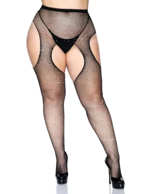 Plus Size Rhinestone Fishnet Suspender Hose in Black