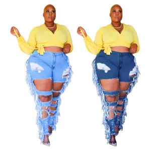 Plus Size Ripped Hollow-Out Tight Denim Pants