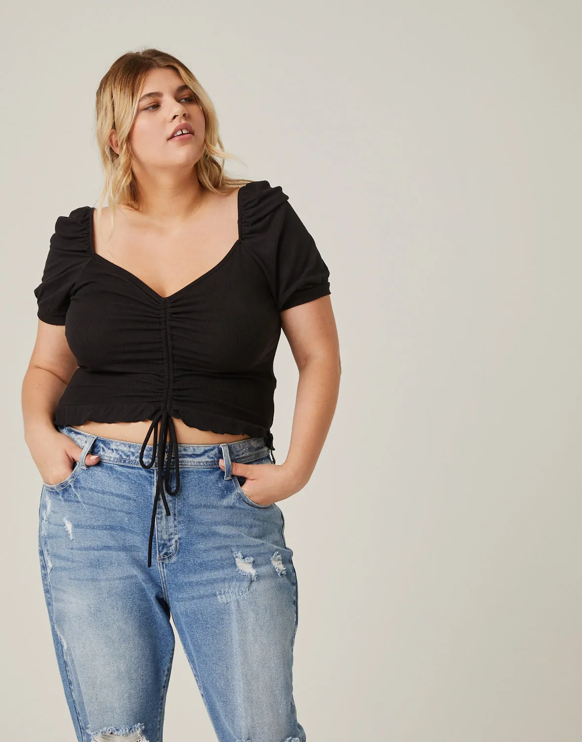 Plus Size Ruched Front Ribbed Tee