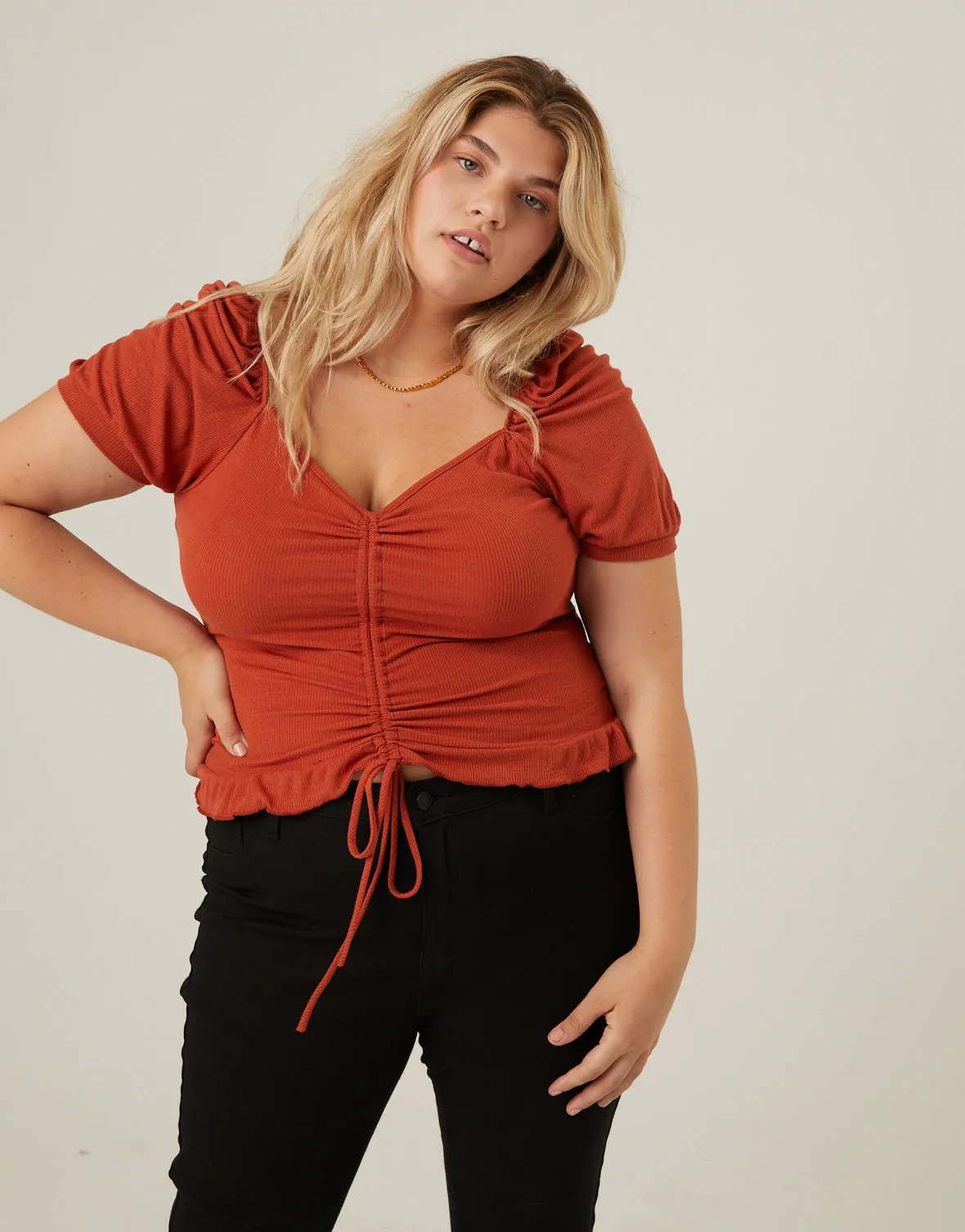 Plus Size Ruched Front Ribbed Tee