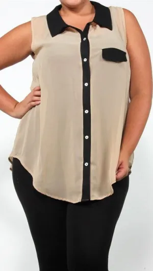 Plus Size Sheer Chiffon Sleeveless Buttondown in Taupe