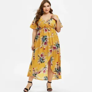 Plus Size Short Sleeve Floral Printed Bell Sleeve High Low Maxi Summer Clothes Hot Casual Fashion Dress