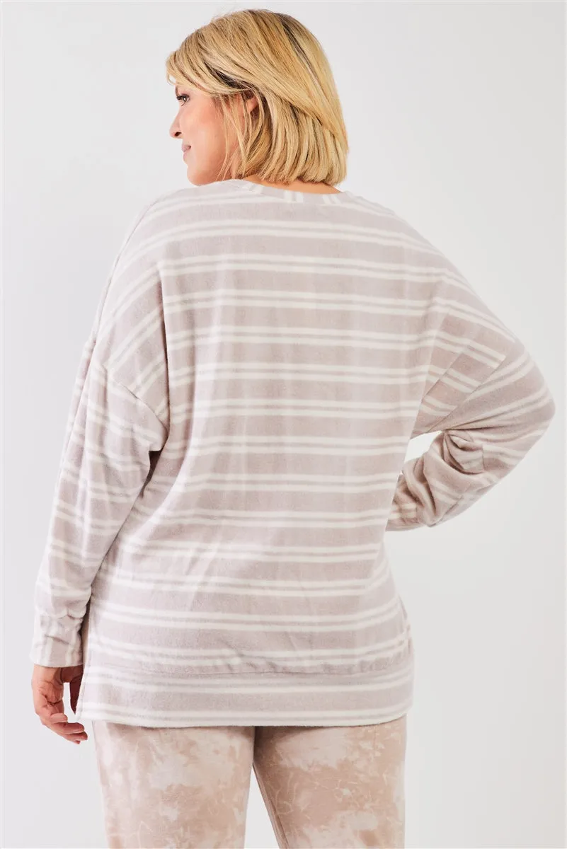 Plus Size Striped Polyester Fleece Round Neck Top