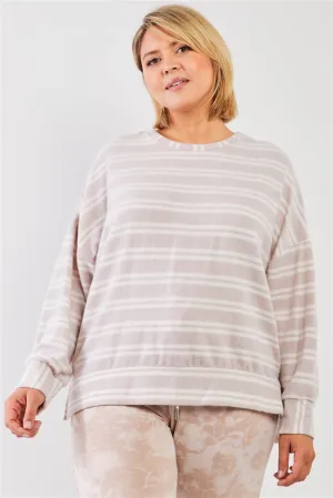 Plus Size Striped Polyester Fleece Round Neck Top