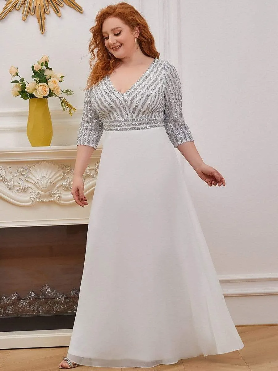 Plus Size V Neck A-Line Sequin Evening Dress with Sleeve