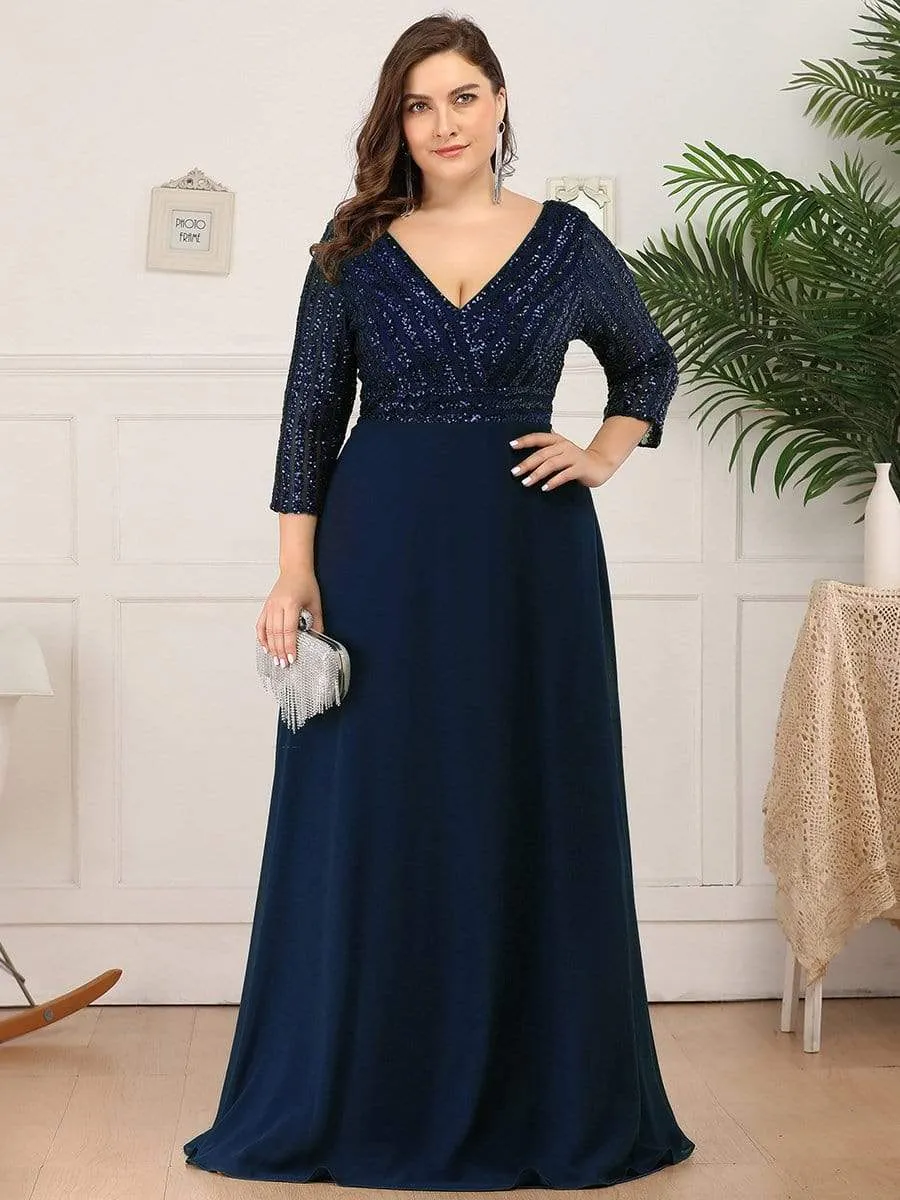 Plus Size V Neck A-Line Sequin Evening Dress with Sleeve