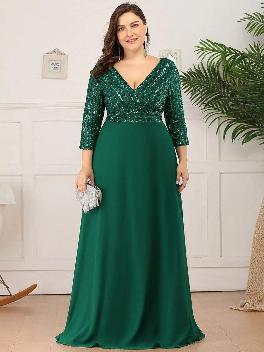 Plus Size V Neck A-Line Sequin Evening Dress with Sleeve