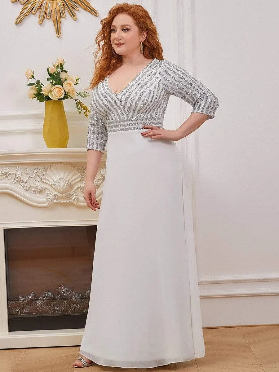 Plus Size V Neck A-Line Sequin Evening Dress with Sleeve