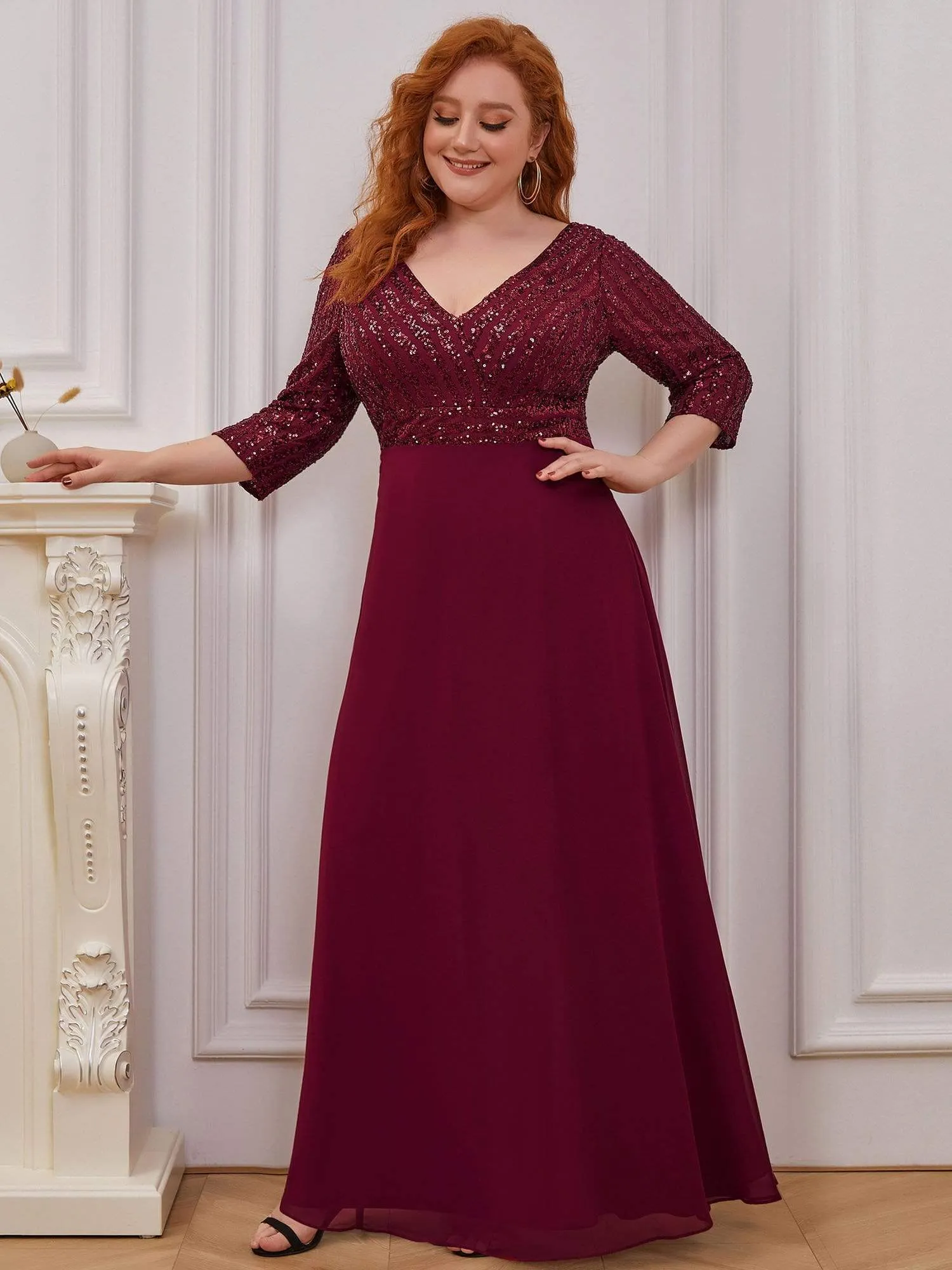 Plus Size V Neck A-Line Sequin Evening Dress with Sleeve