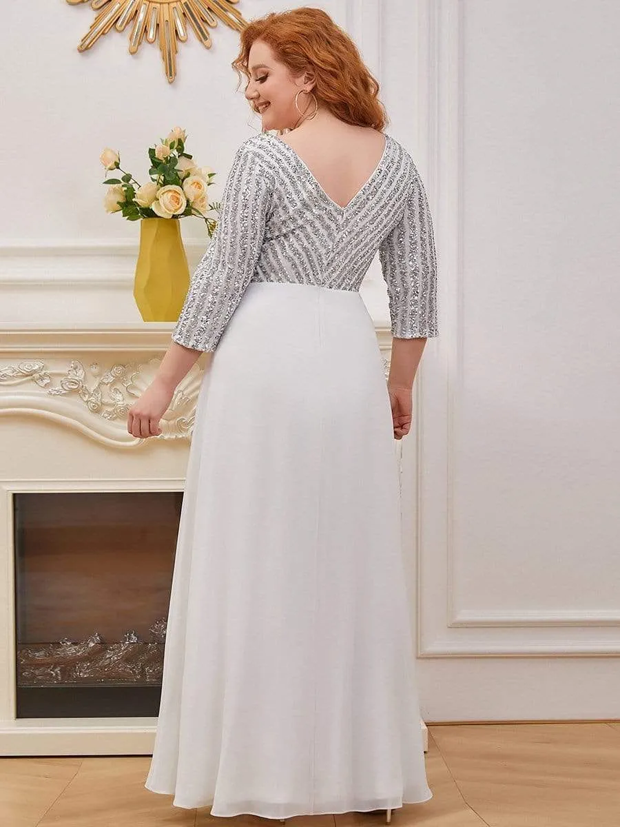 Plus Size V Neck A-Line Sequin Evening Dress with Sleeve