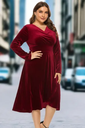 Plus Size Velvet Evening Dress - A-Line, Mid-Calf, V-Neck, Full Sleeves