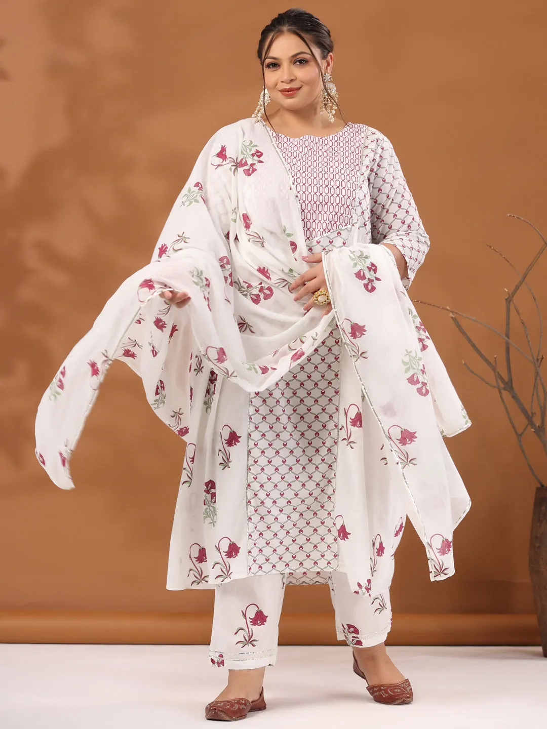 Plus Size White & Magenta Pink Ethnic Printed Flared Kurta With Pants & Dupatta