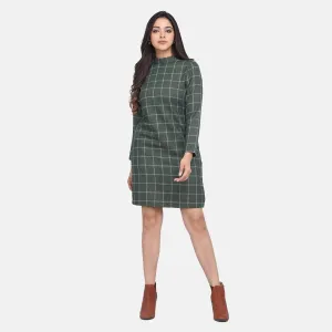 Plus Size Women Green Checkered Wool Dress