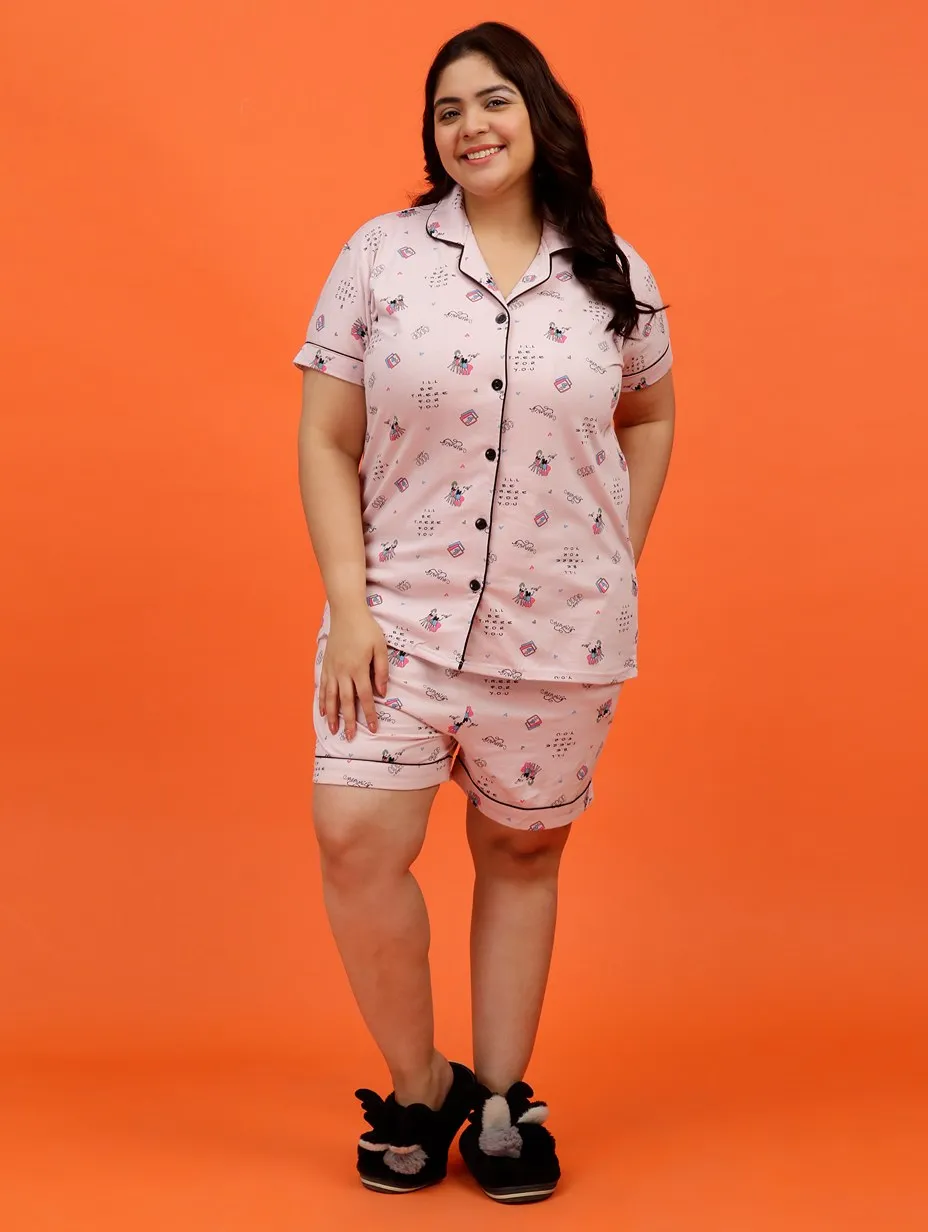 Plus Size Women Pure Cotton Pink Shorts Set